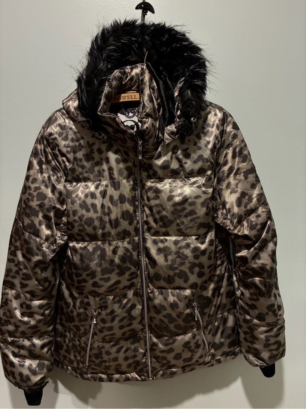 Obermeyer Leopard Print Puffer Jacket with Faux Fur Hood - Brown/Black Size 12